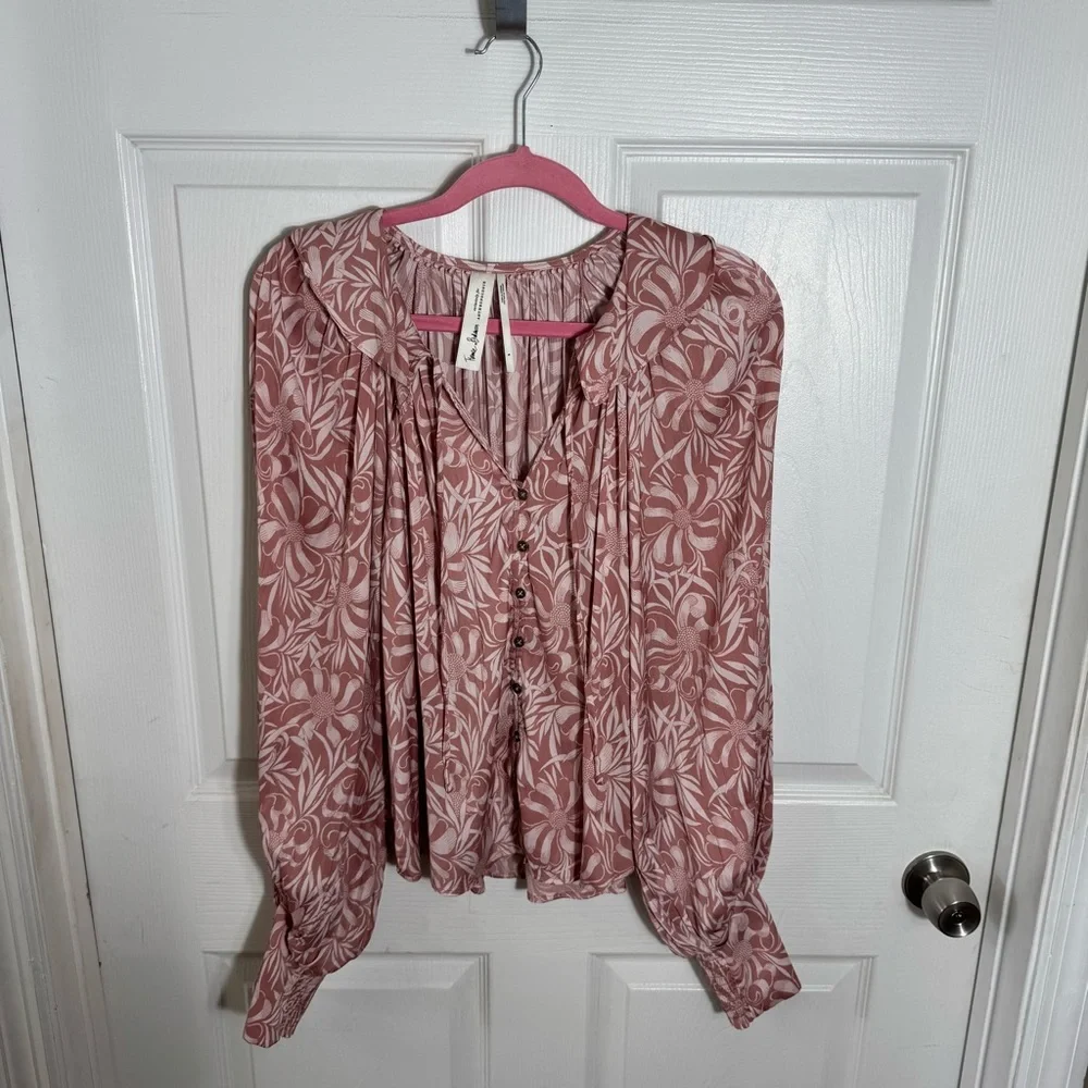 Anthropologie Pink Floral Boho Blouse Size SM Ruffle Tie Neck Peasant - Picture 11 of 13